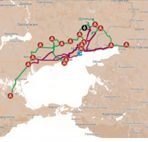 Схематичне зображення нової залізниці з Ростова у Крим (зеленим позначені існуючі колії). Фото: ЦЖР